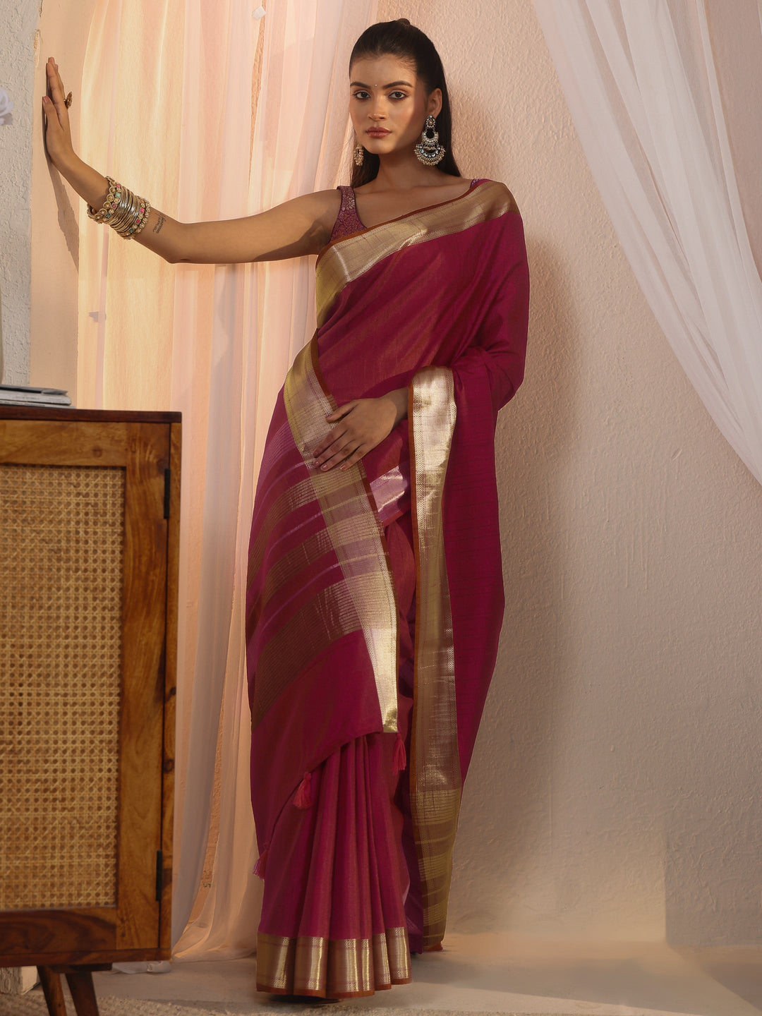 Libas Magenta Pink Woven Border Silk Blend Tassel Saree