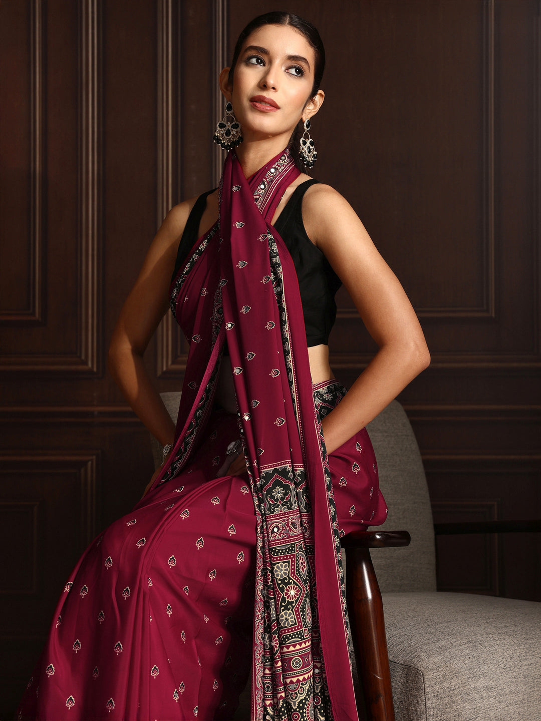 Libas Maroon Ajrakh Print Mirror Work Satin Saree