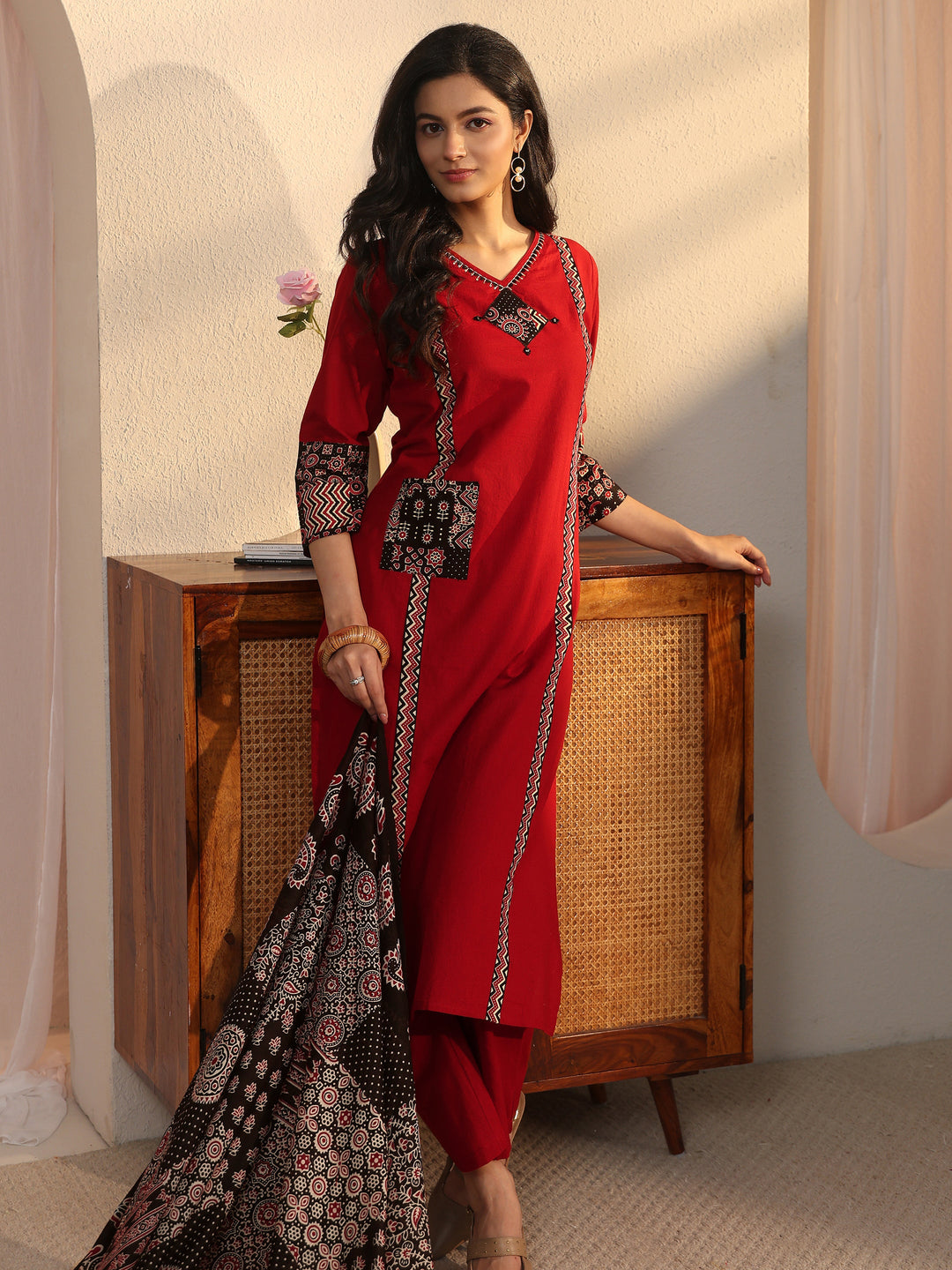 Libas Maroon Ajrakh Printed Cotton Straight Suit Set