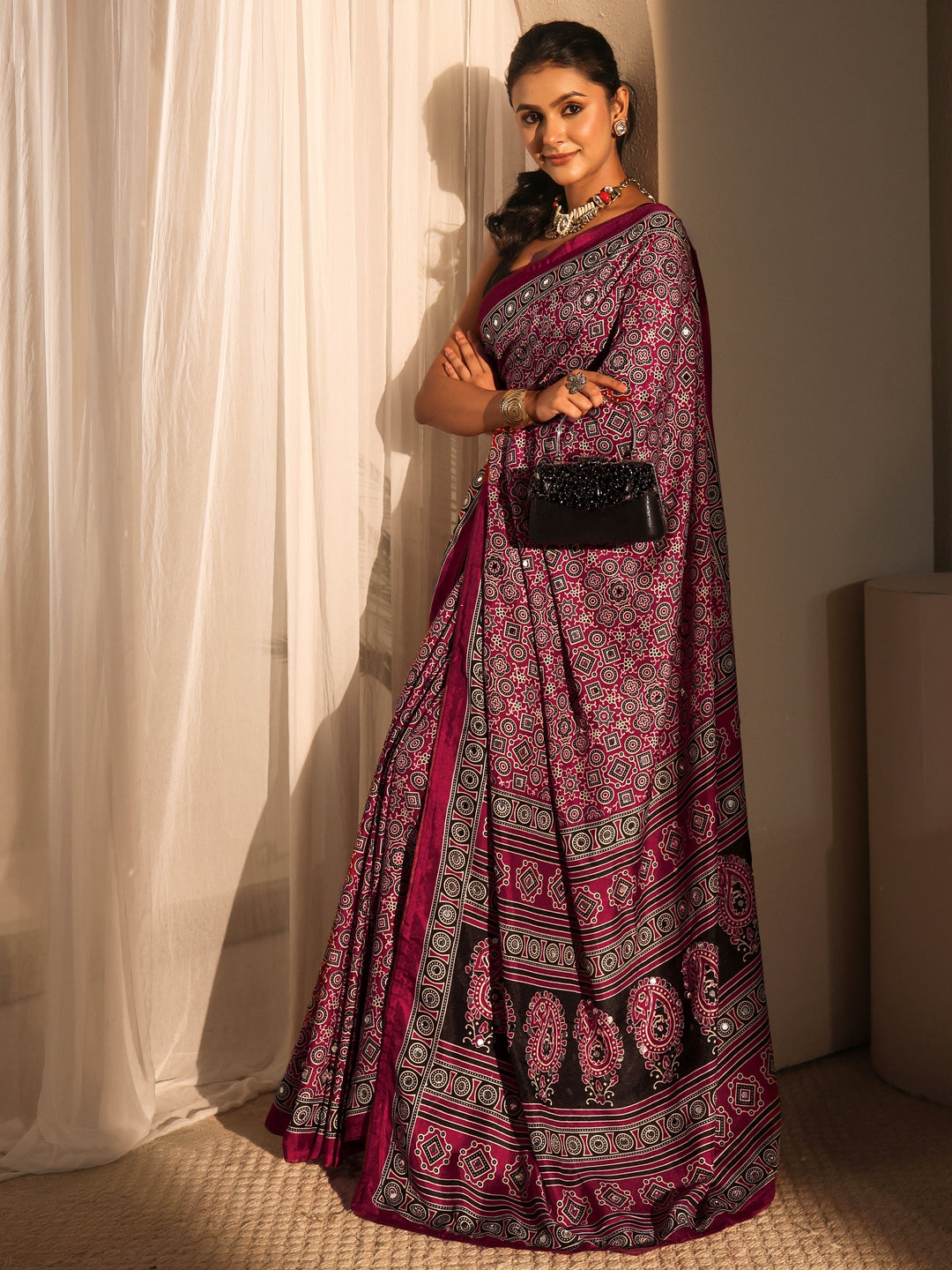 Libas Maroon Ajrakh Printed Silk Blend Saree