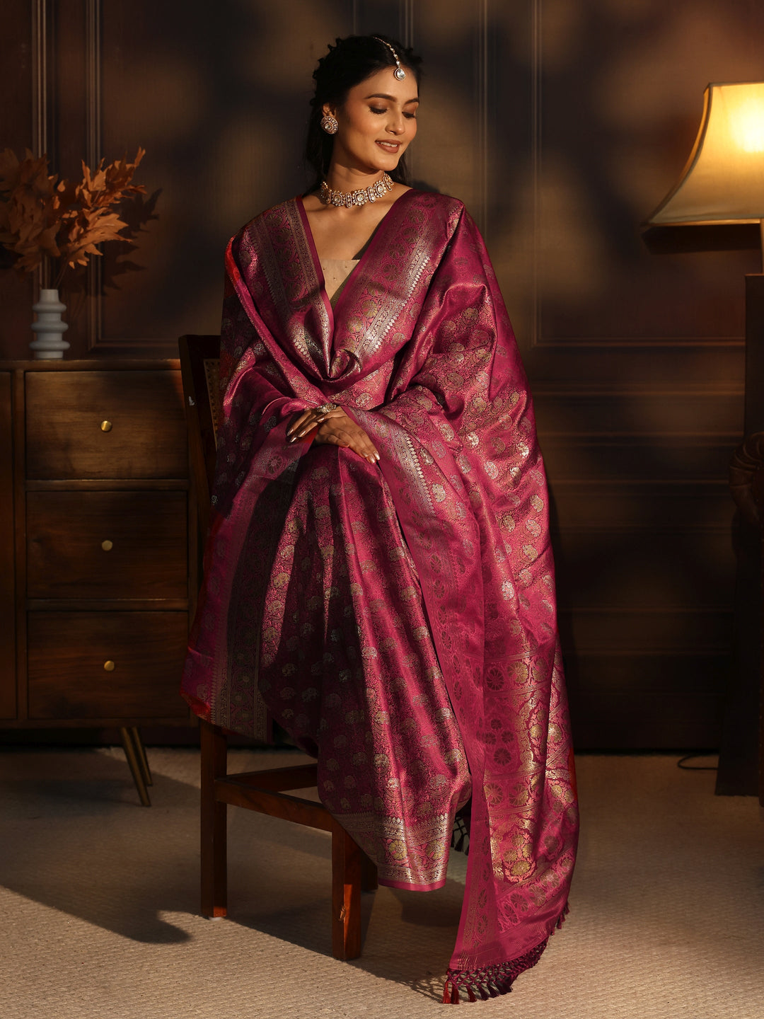 Libas Maroon Banarasi Silk Blend Tassel Saree