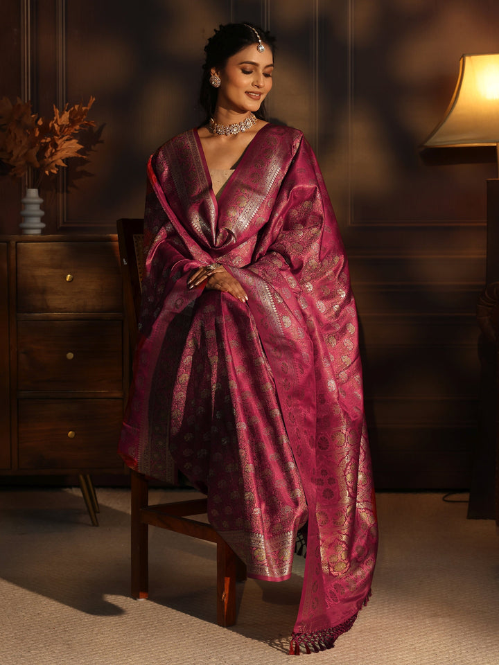 Libas Maroon Banarasi Silk Blend Tassel Saree