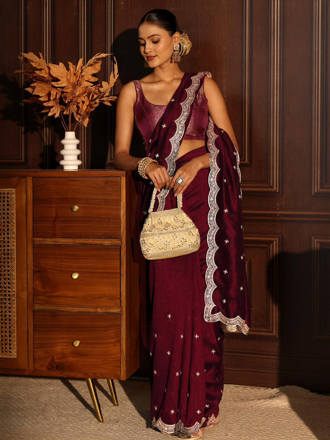 Libas Maroon Embellished Scalloped Border Silk Blend Saree