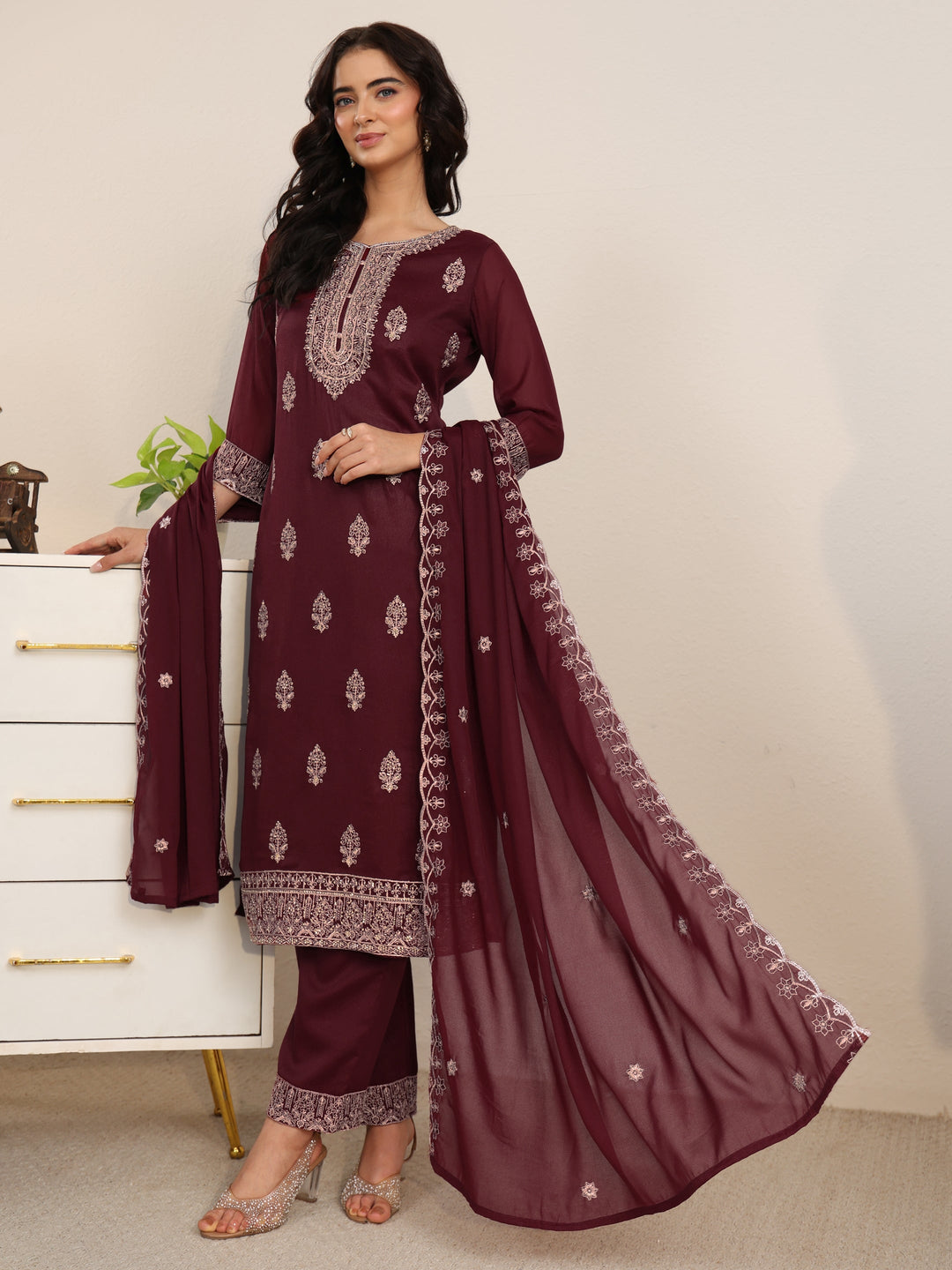 Libas Maroon Embroidered Chinon Straight Suit Set