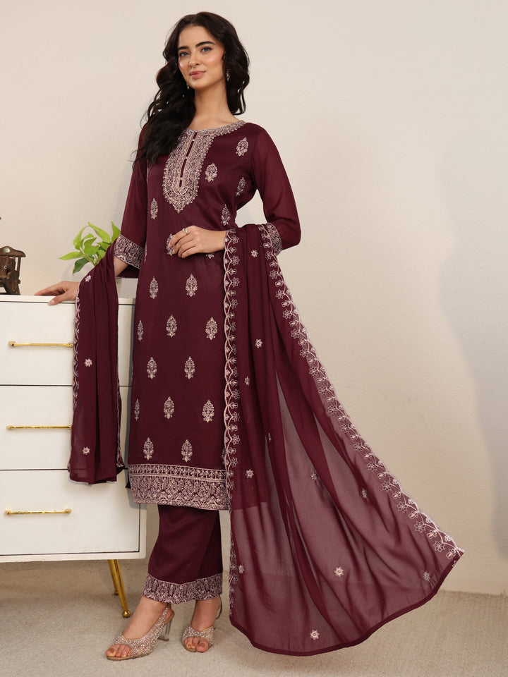 Libas Maroon Embroidered Chinon Straight Suit Set