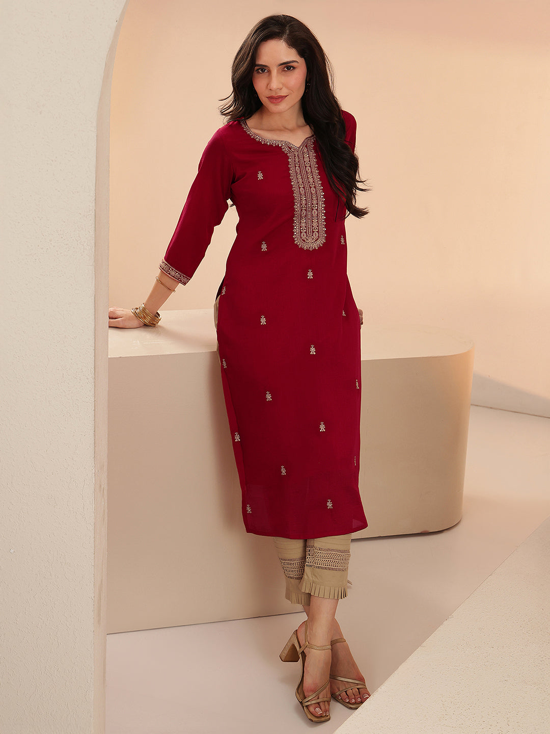Libas Maroon Embroidered Silk Blend Straight Kurta