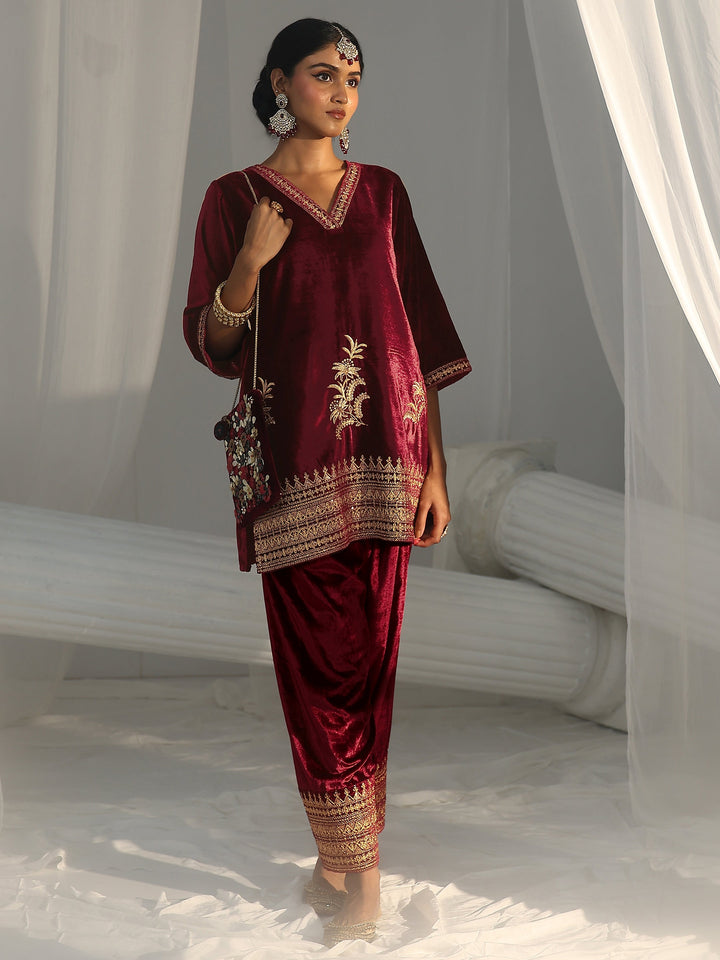 Libas Maroon Embroidered Velvet Co-Ord Set