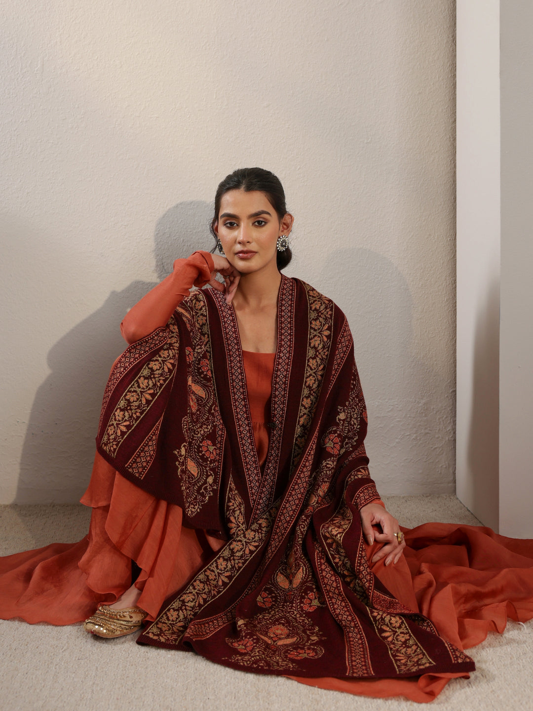 Libas Maroon Ethnic Knitted Acrylic Wrap Shawl