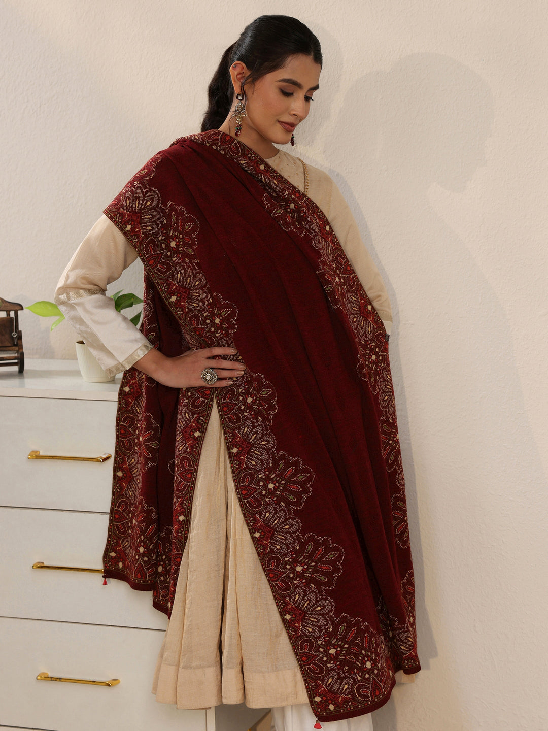 Libas Maroon Ethnic Knitted Acrylic Wrap Shawl