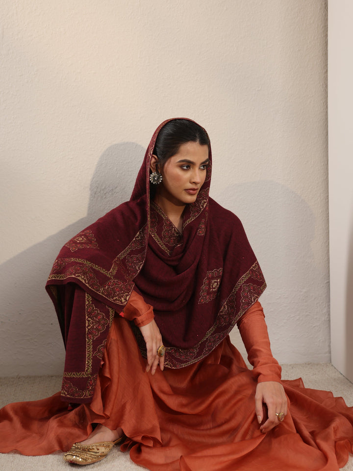 Libas Maroon Ethnic Knitted Acrylic Wrap Shawl