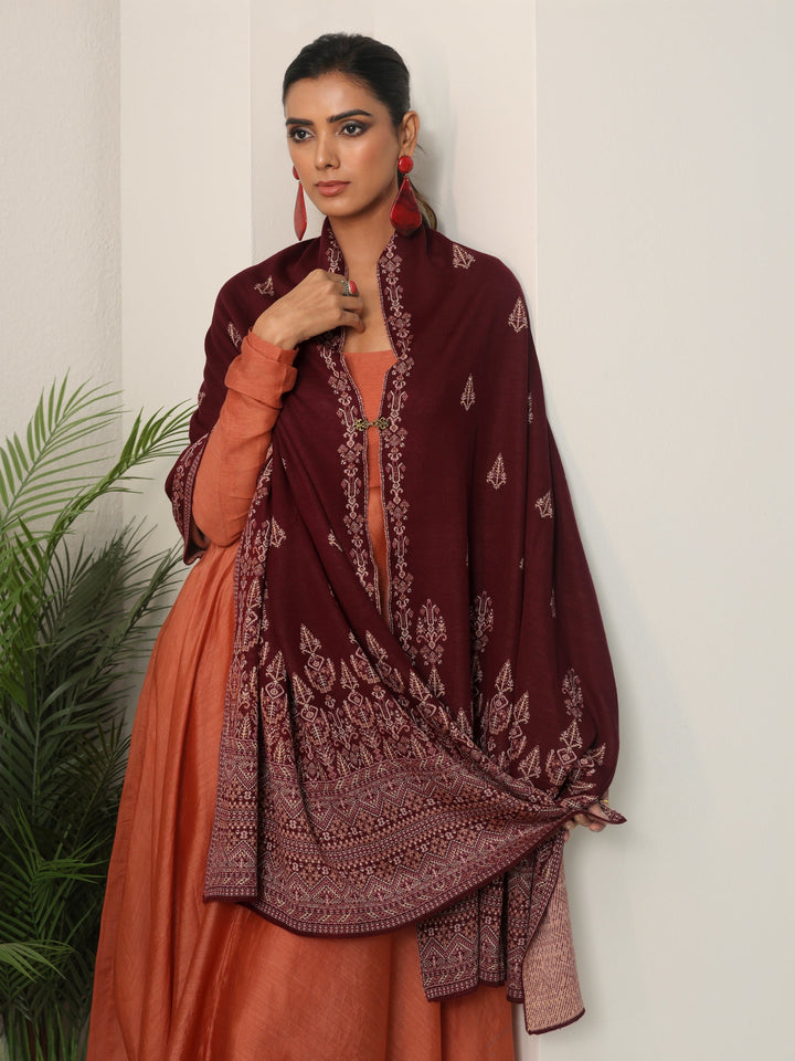Libas Maroon Ethnic Knitted Acrylic Wrap Shawl