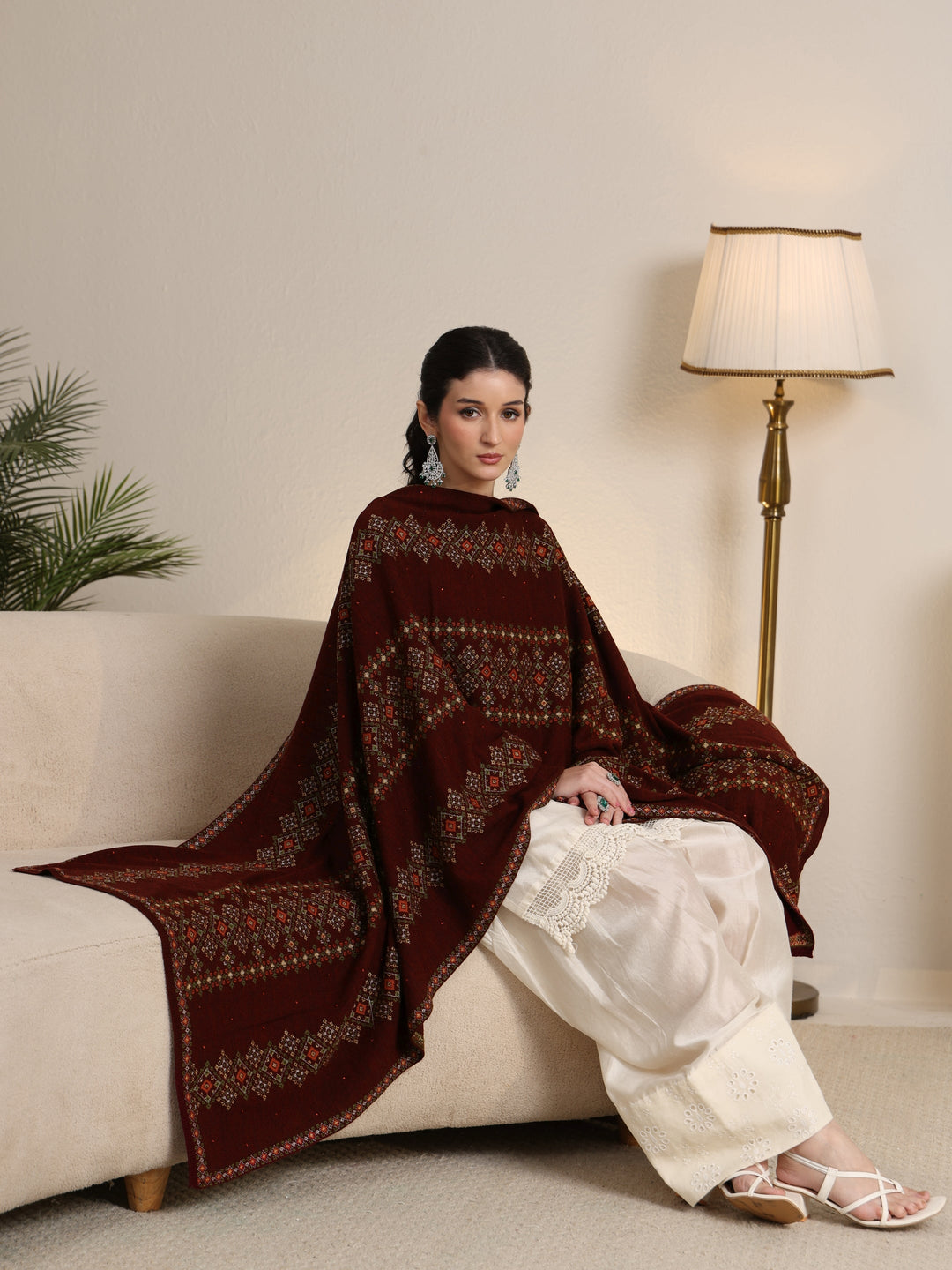 Libas Maroon Ethnic Knitted Acrylic Wrap Shawl