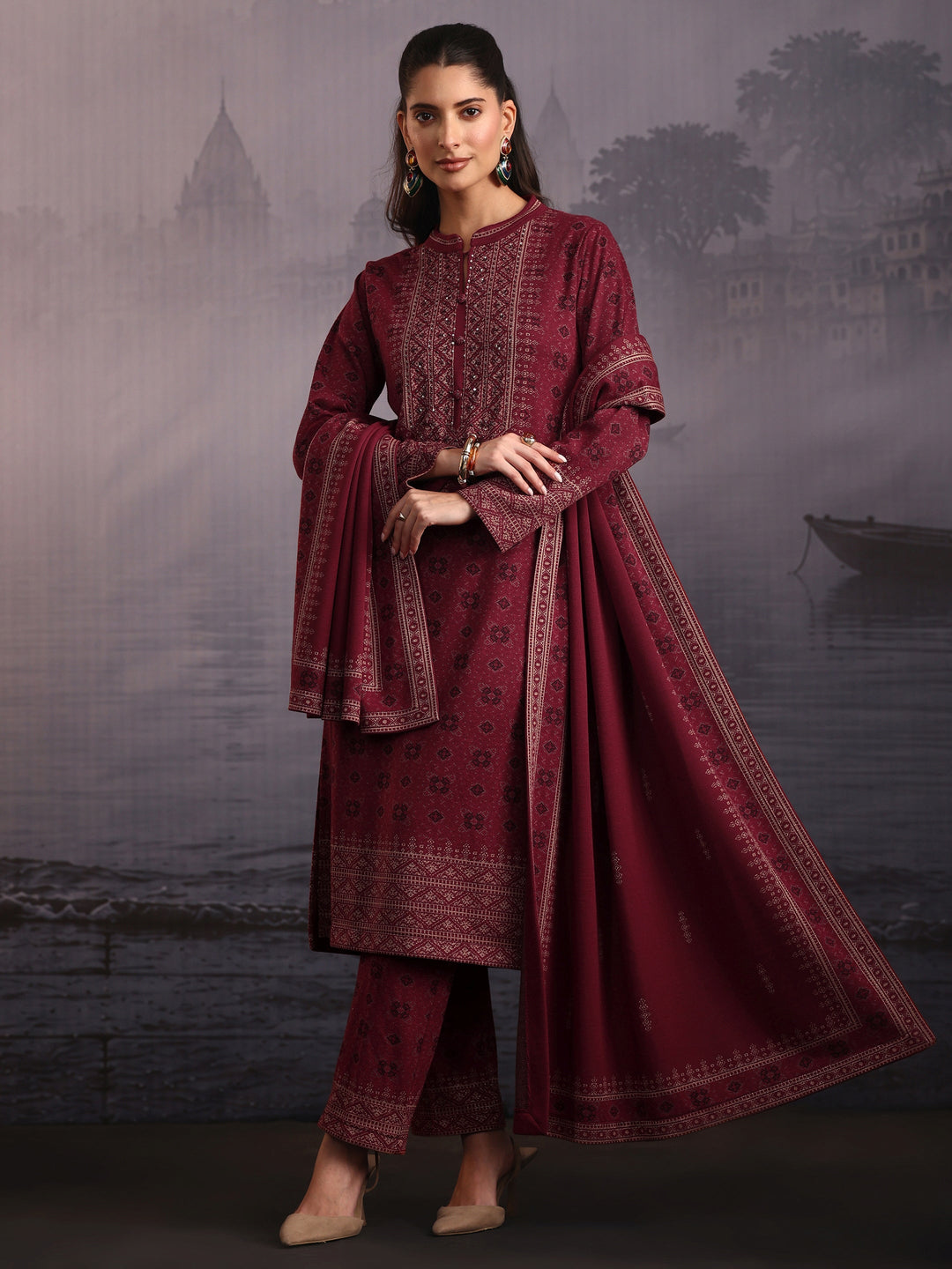 Libas Maroon Ethnic Woven Design Woolen Straight Suit Set