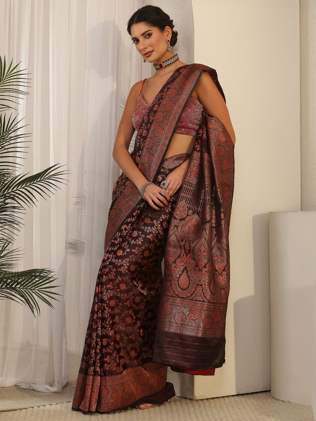 Libas Maroon Floral Banarasi Silk Blend Saree