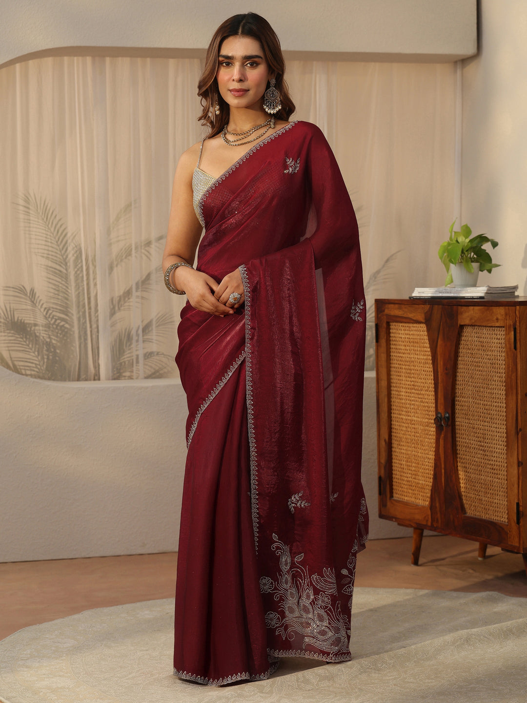 Libas Maroon Floral Embellished Tissue Saree