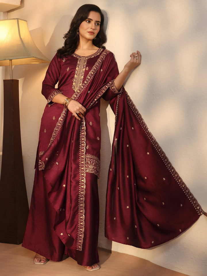 Libas Maroon Floral Embroidered Silk Blend Palazzo Suit Set