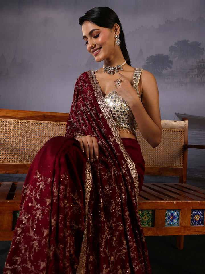 Libas Maroon Floral Embroidered Silk Blend Saree