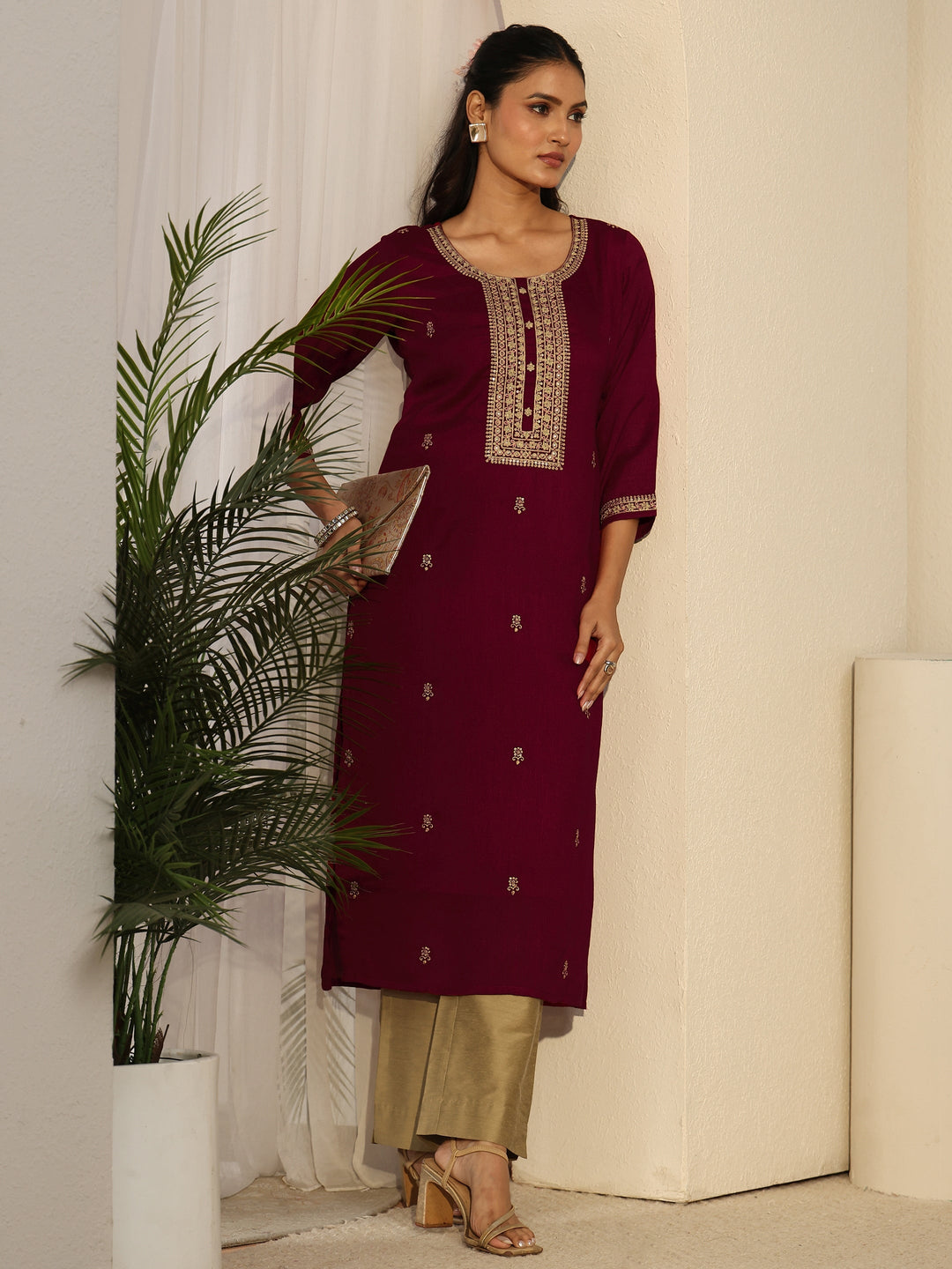 Libas Maroon Floral Embroidered Silk Blend Straight Kurta
