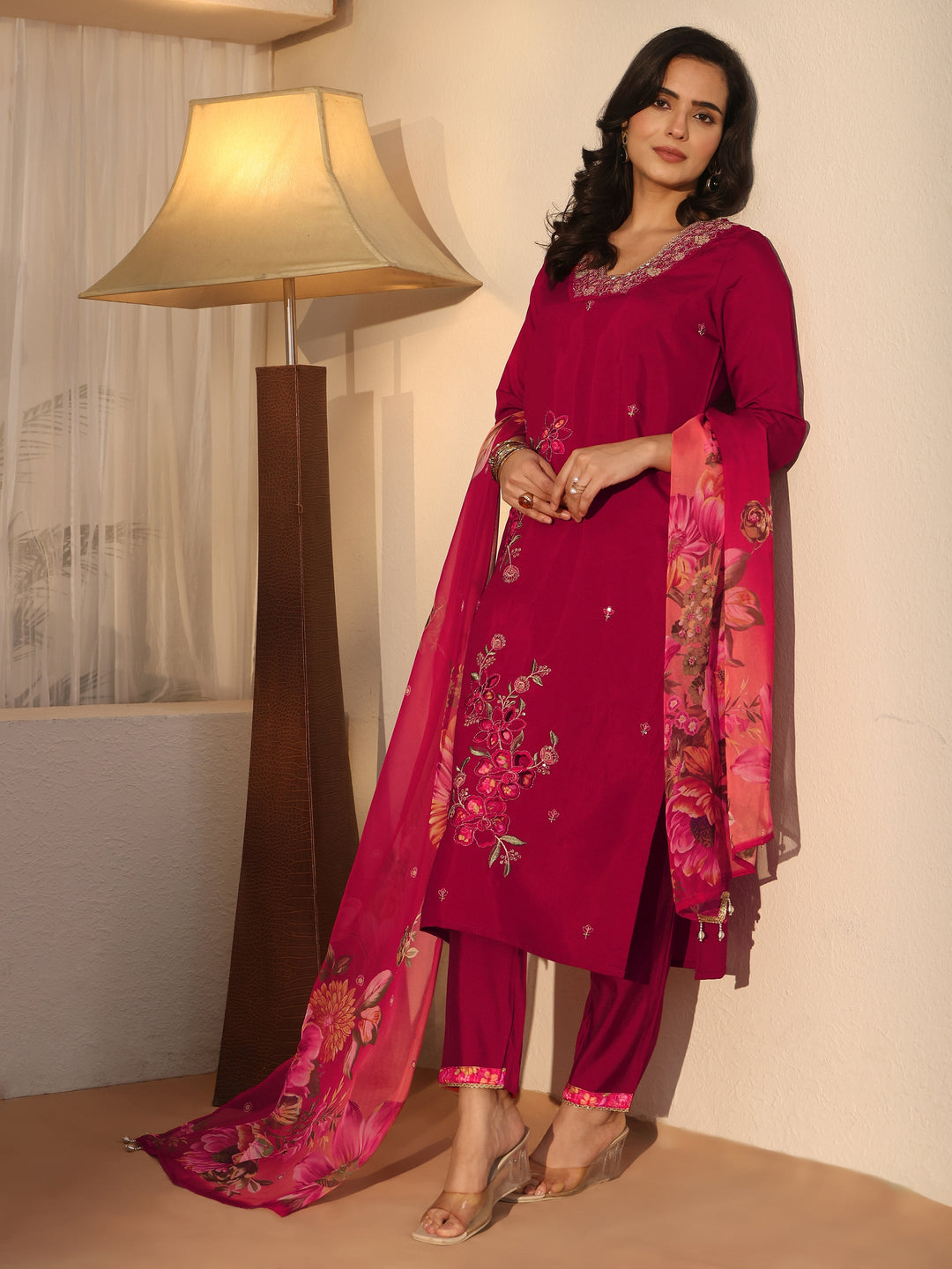 Libas Maroon Floral Embroidered Silk Blend Straight Suit Set