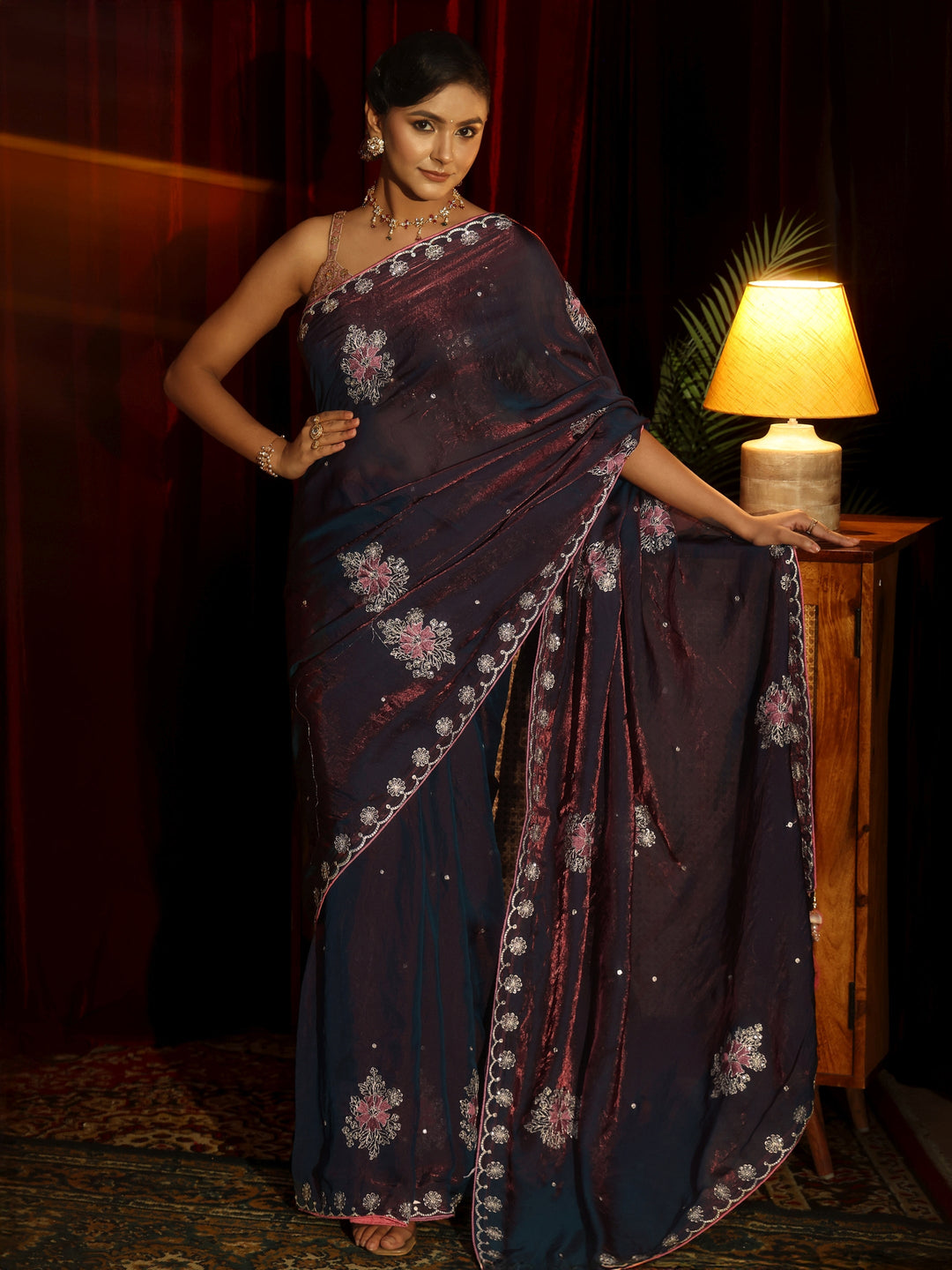 Libas Maroon Floral Embroidered Tissue Saree