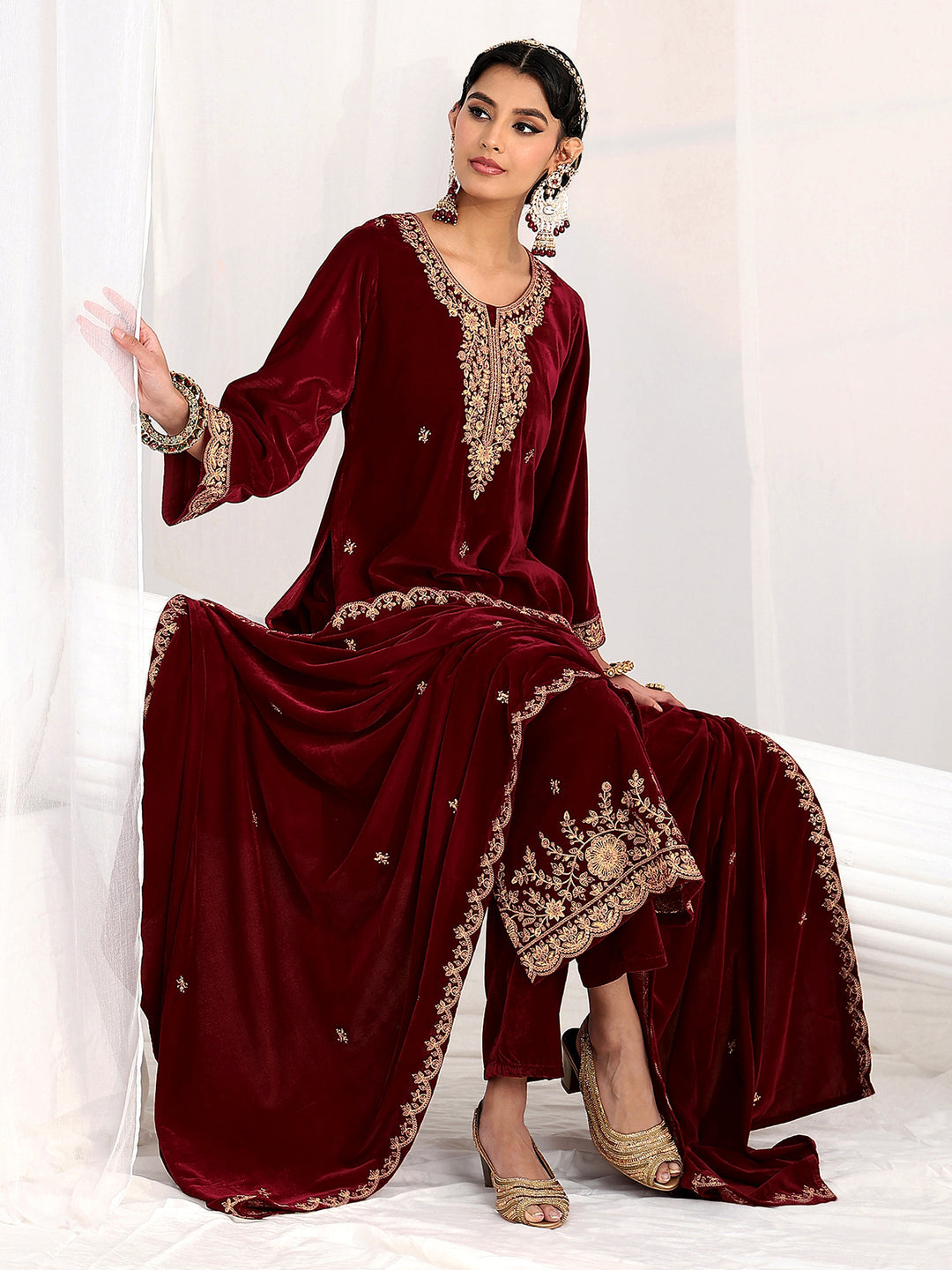 Libas Maroon Floral Embroidered Velvet Straight Suit Set