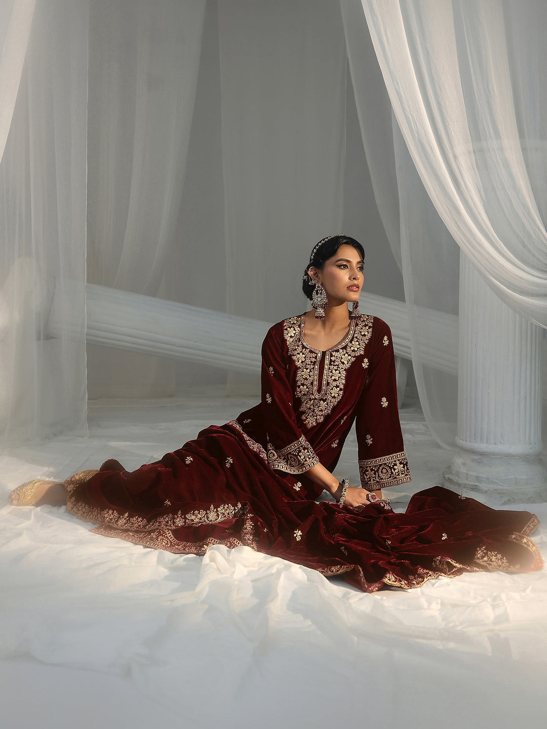 Libas Maroon Floral Embroidered Velvet Straight Suit Set