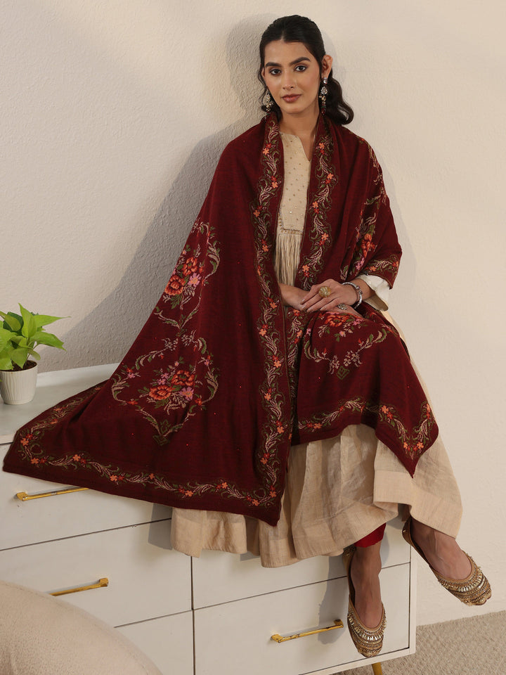 Libas Maroon Floral Knitted Acrylic Wrap Shawl