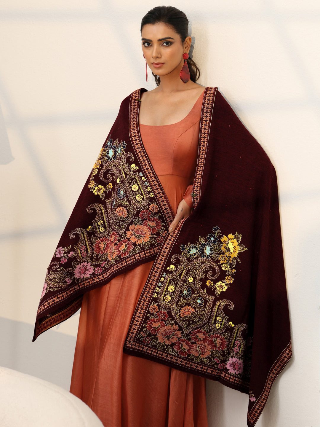 Libas Maroon Floral Knitted Acrylic Wrap Shawl