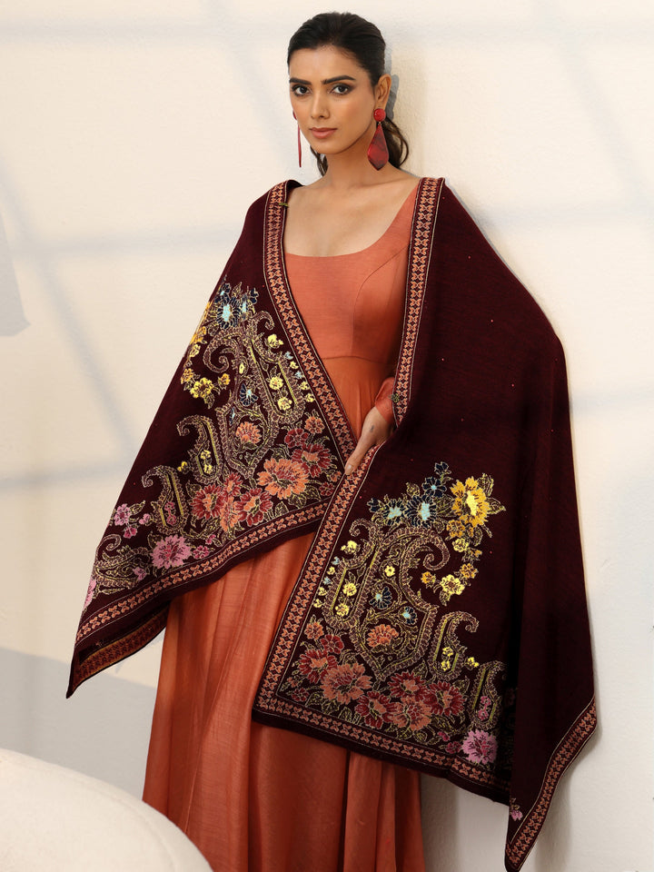 Libas Maroon Floral Knitted Acrylic Wrap Shawl