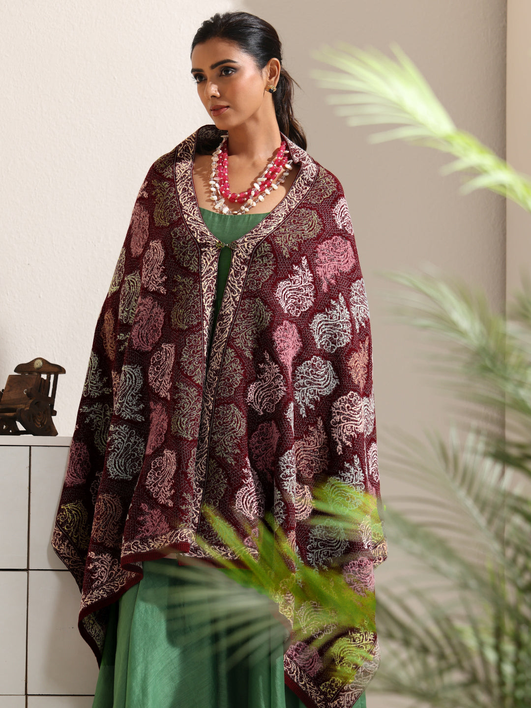 Libas Maroon Floral Knitted Acrylic Wrap Shawl