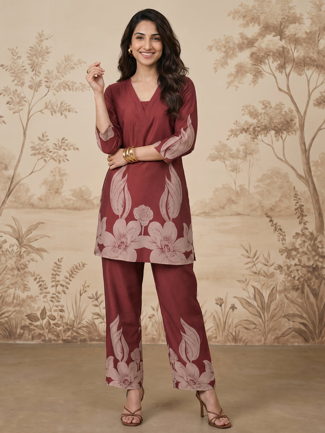 Libas Maroon Floral Printed Muslin Straight Kurta Set