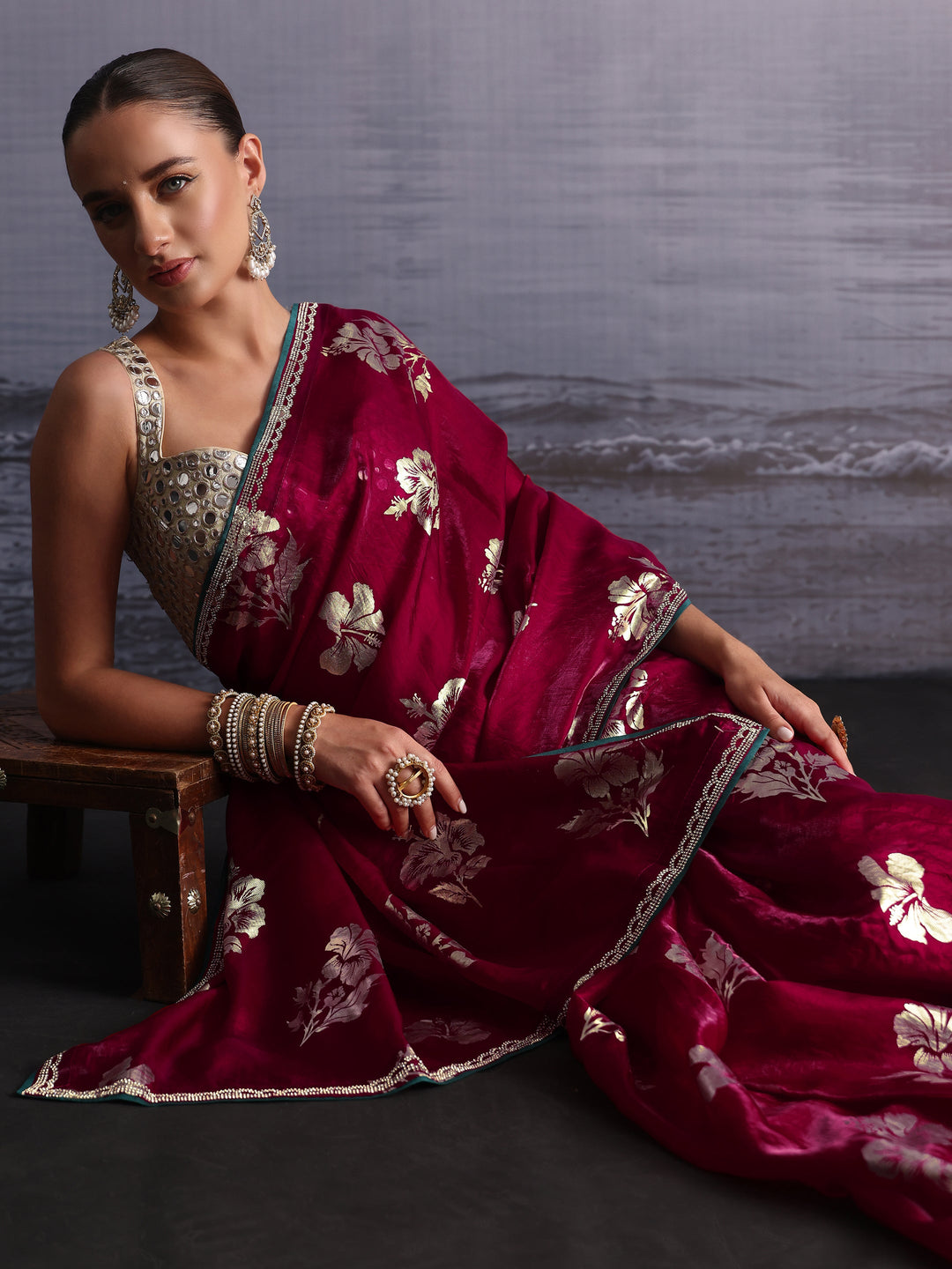 Libas Maroon Floral Printed Tissue Saree with Embellished Border