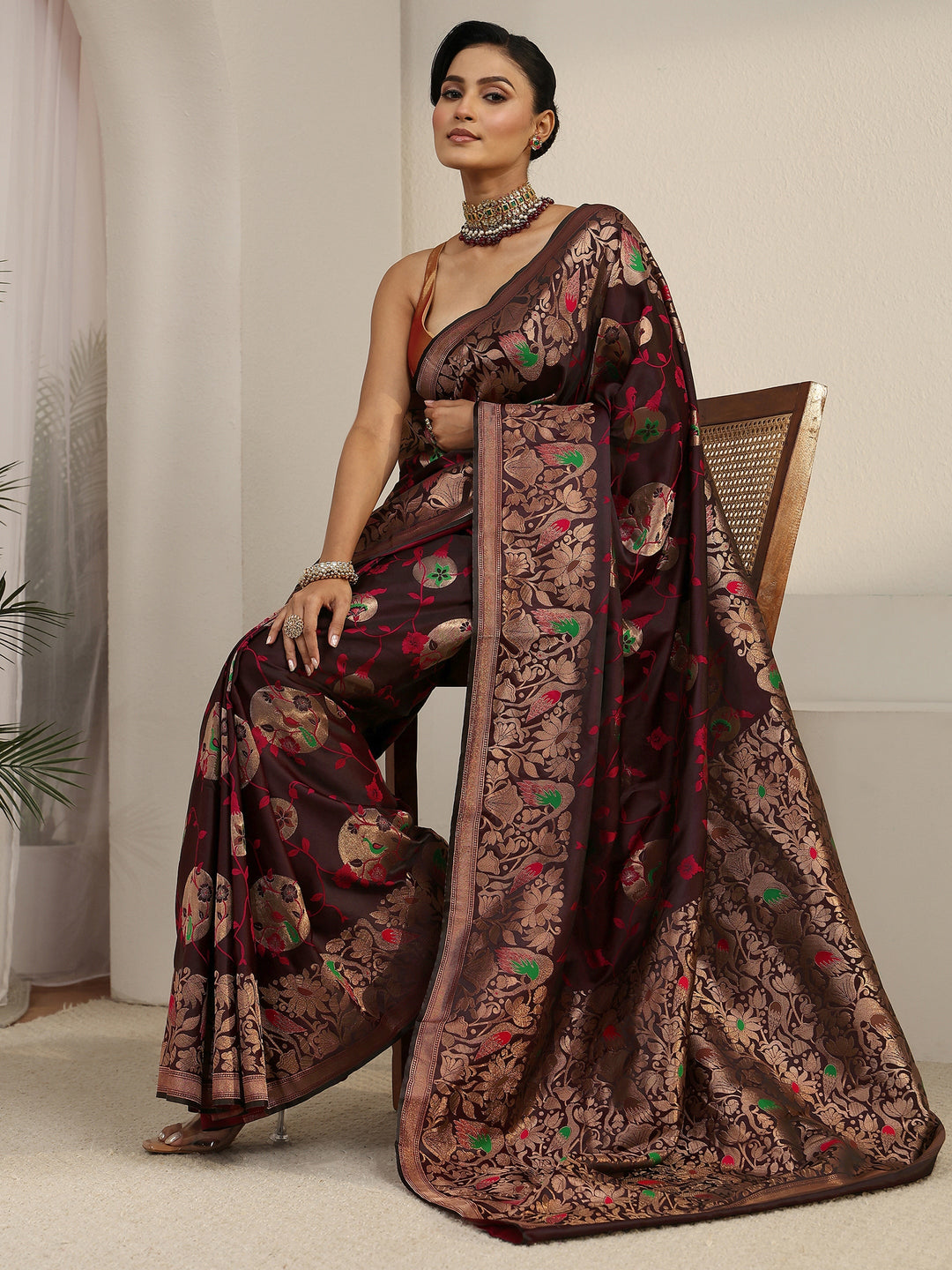 Libas Maroon Floral Woven Design Satin Saree