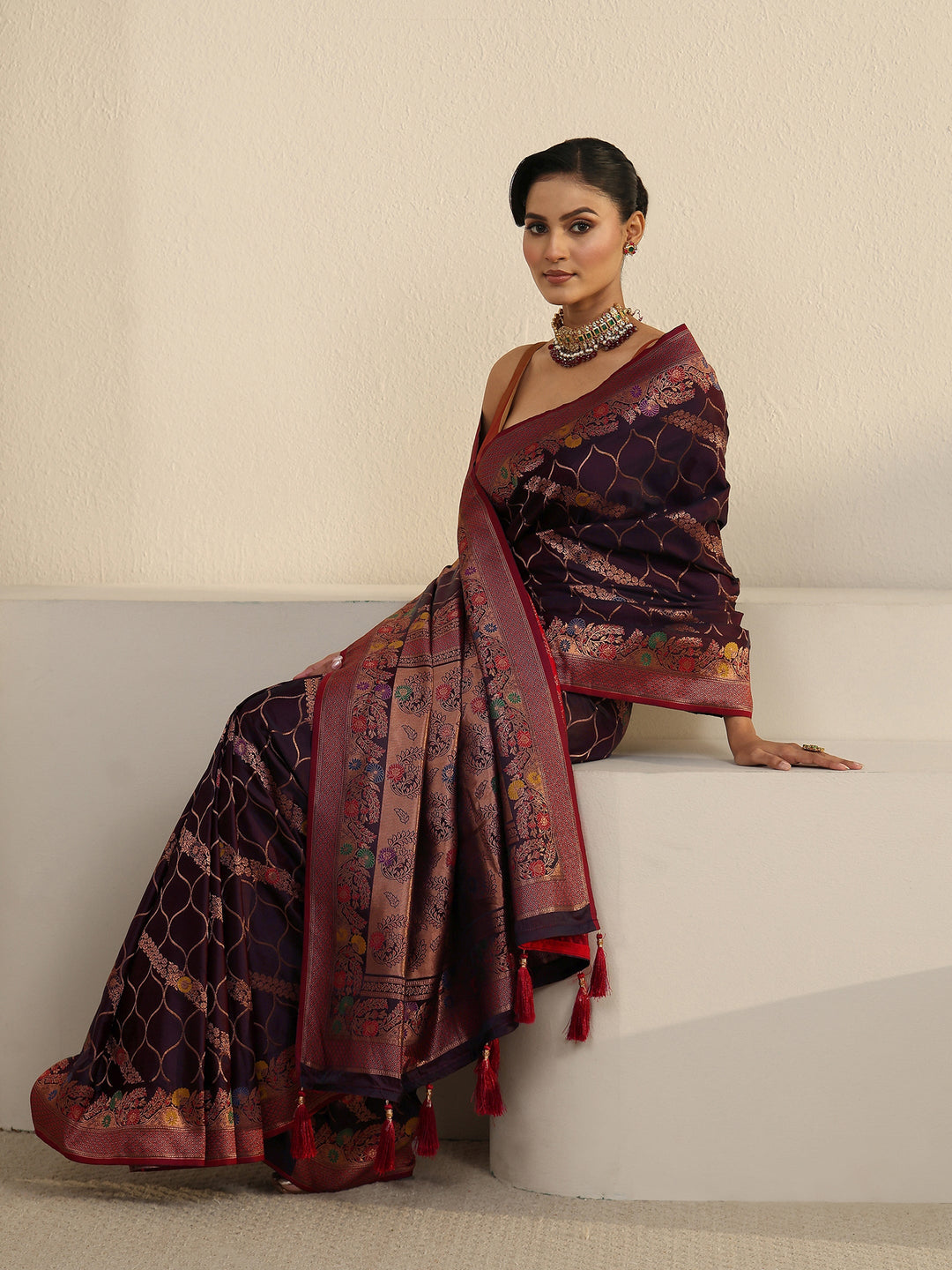 Libas Maroon Floral Woven Design Satin Tassel Saree