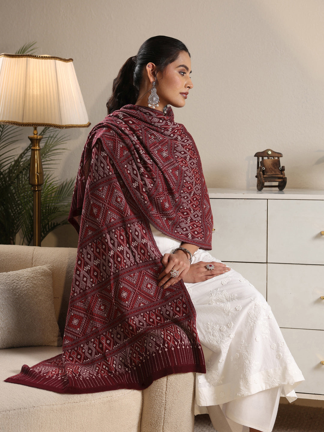 Libas Maroon Geometric Knitted Acrylic Shawl