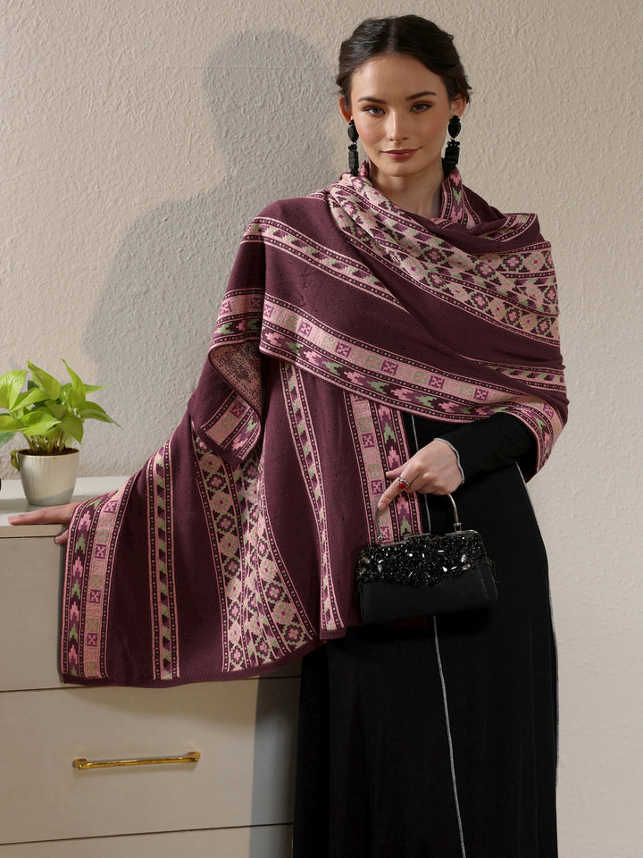 Libas Maroon Geometric Knitted Acrylic Wrap Shawl