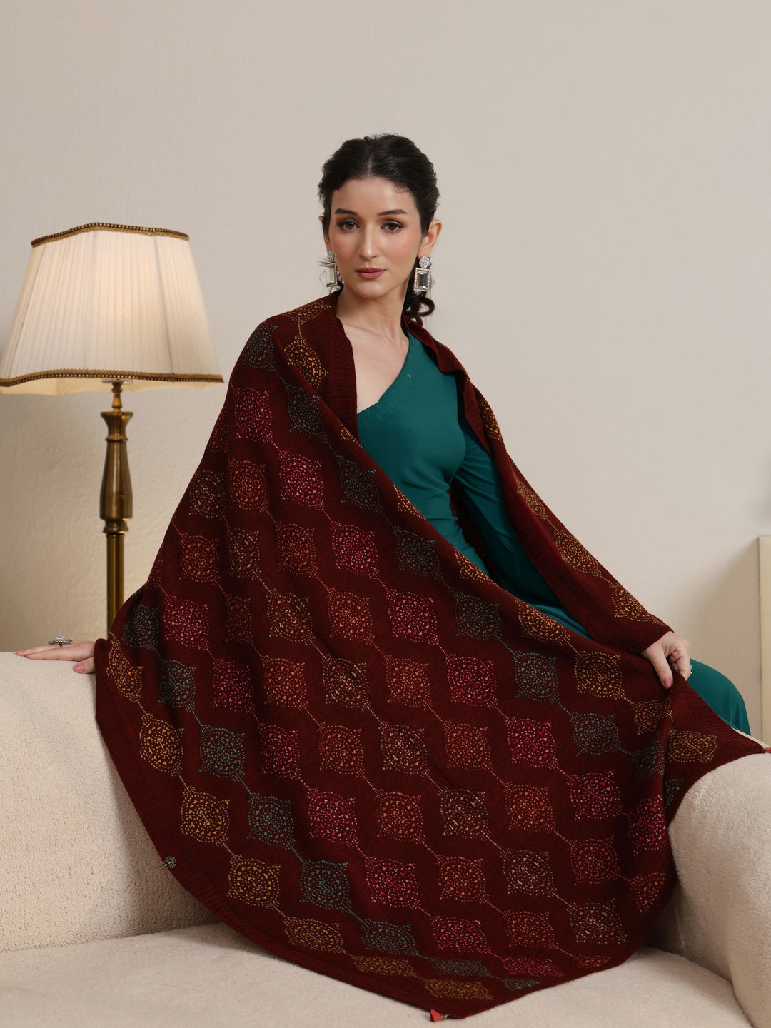 Libas Maroon Geometric Knitted Acrylic Wrap Shawl