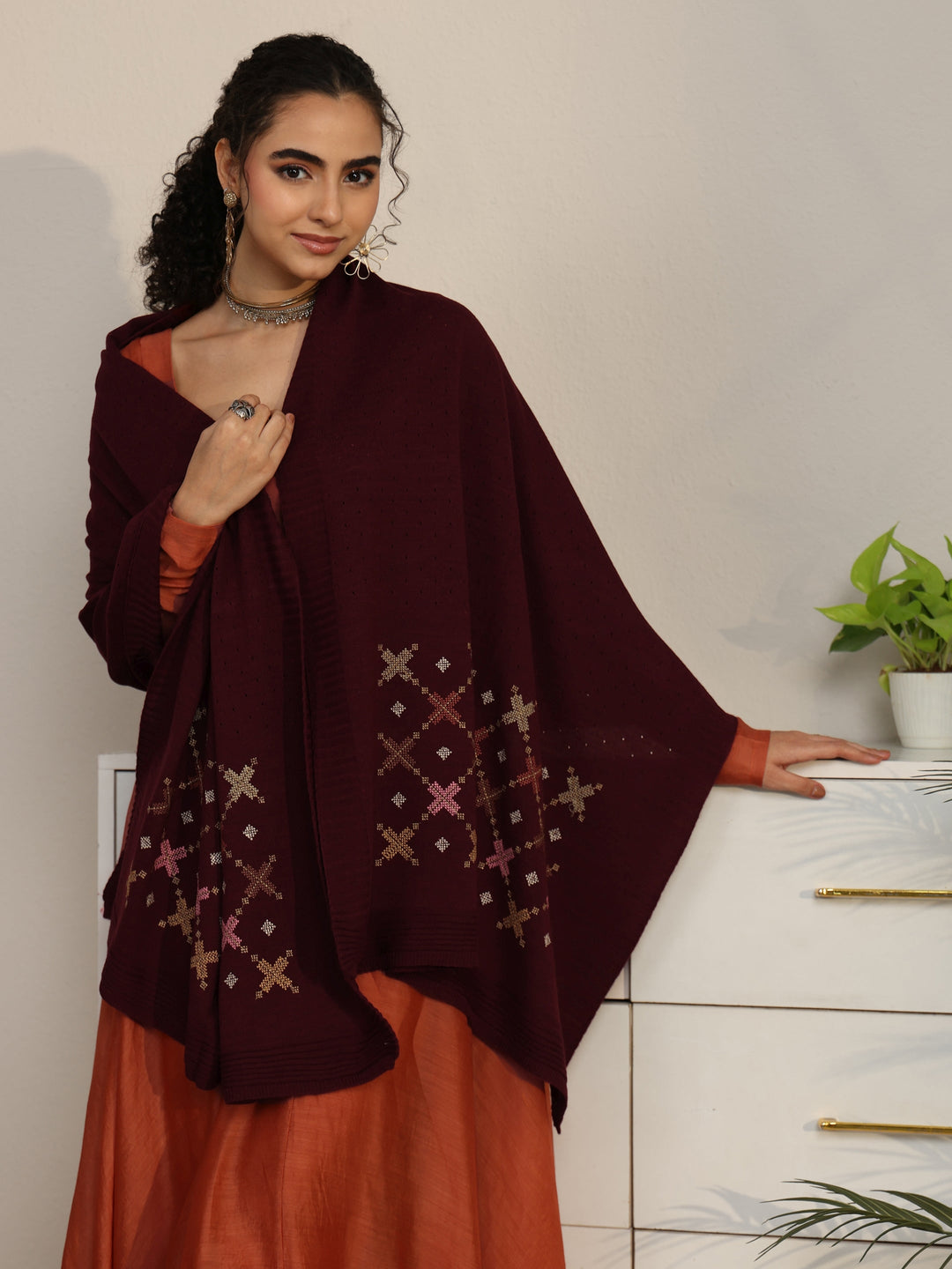 Libas Maroon Knitted Acrylic Wrap Shawl