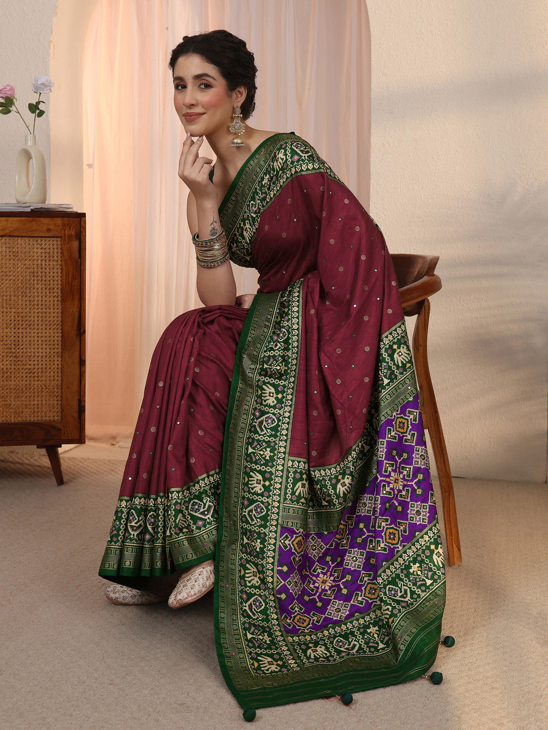 Libas Maroon Mirror Work Silk Blend Saree with Patola Border