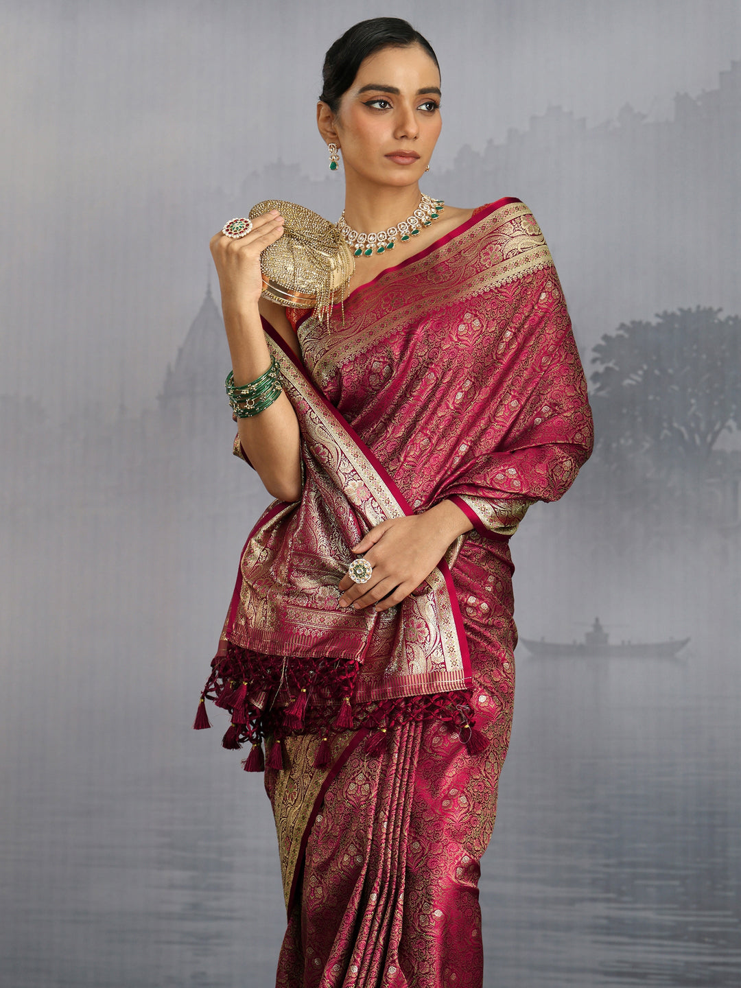 Libas Maroon Mughal Design Brocade Saree