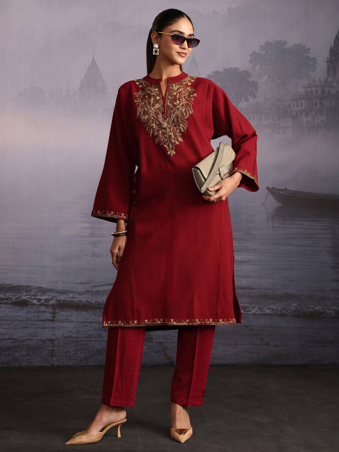 Libas Maroon Paisley Embroidered Woolen Straight Kurta