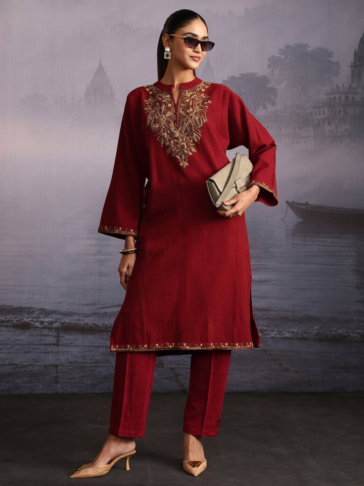 Libas Maroon Paisley Embroidered Woolen Straight Kurta