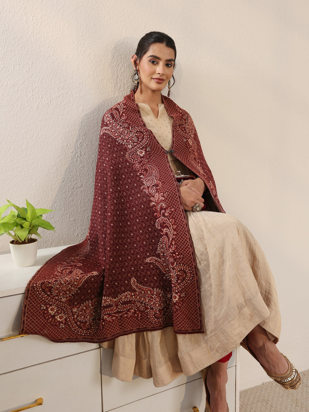 Libas Maroon Paisley Knitted Acrylic Wrap Shawl