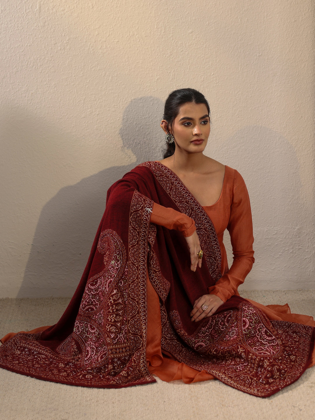 Libas Maroon Paisley Knitted Acrylic Wrap Shawl