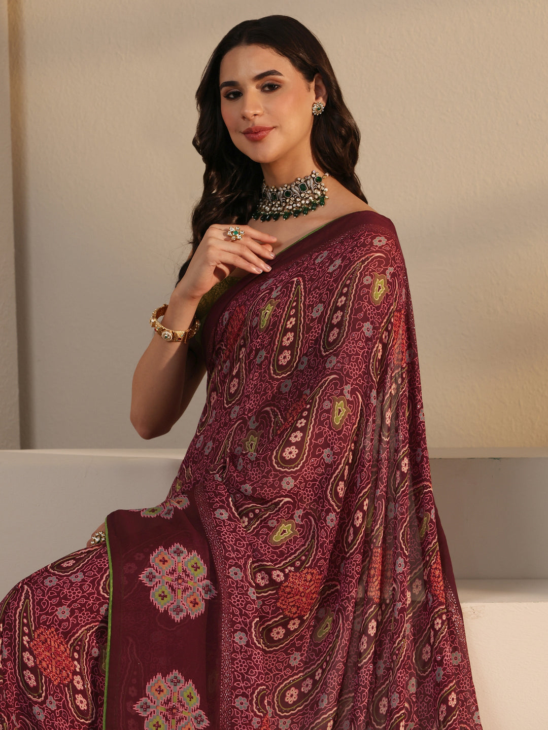 Libas Maroon Paisley Printed Georgette Saree