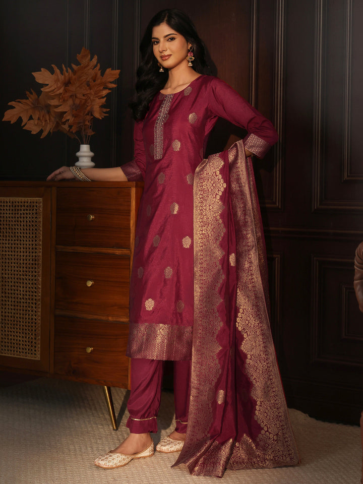 Libas Maroon Printed Chanderi Silk Straight Suit Set