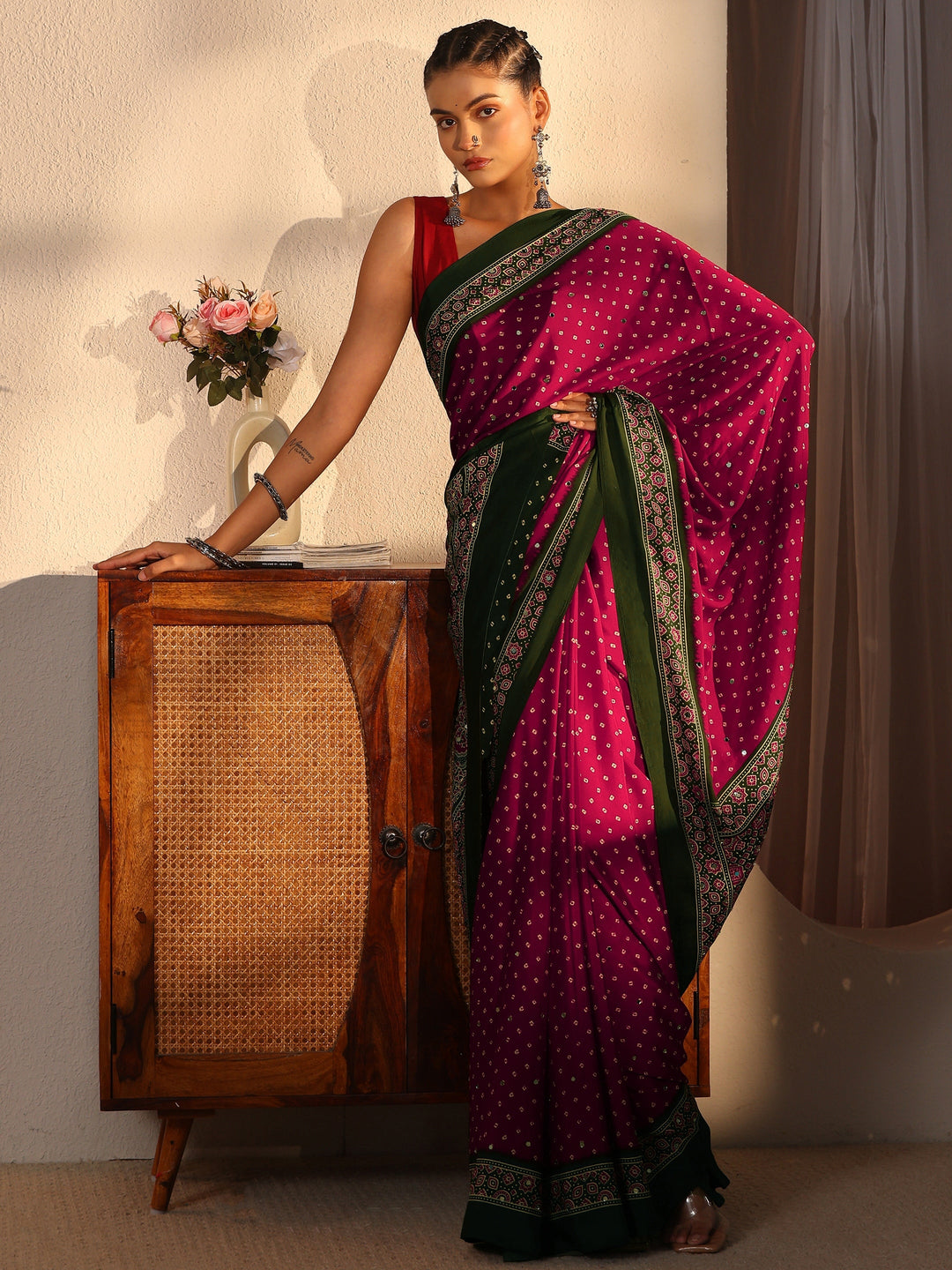 Libas Maroon Printed Mirror Work Satin Saree