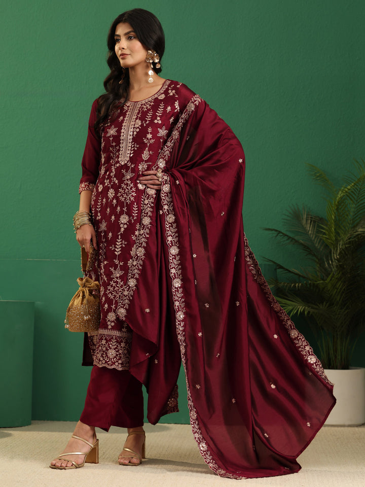 Libas Maroon Red Floral Embellished Silk Blend Straight Suit Set
