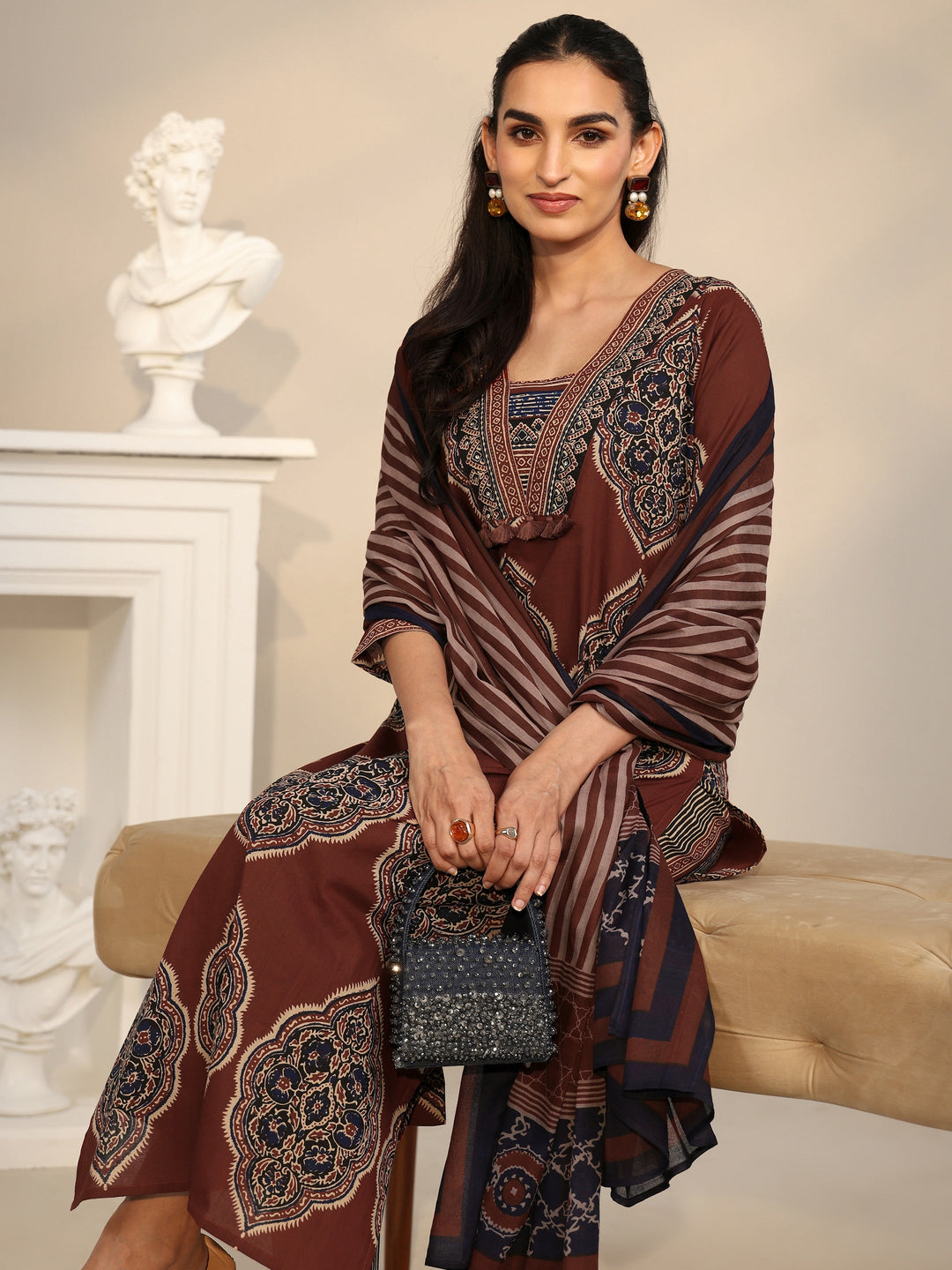 Libas Maroon Red Printed Cotton Straight Suit Set with Tassel Yoke