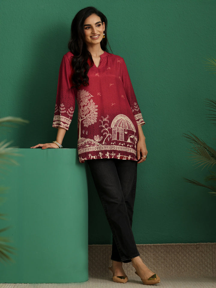 Libas Maroon Red Warli Print Muslin Straight Short Kurti